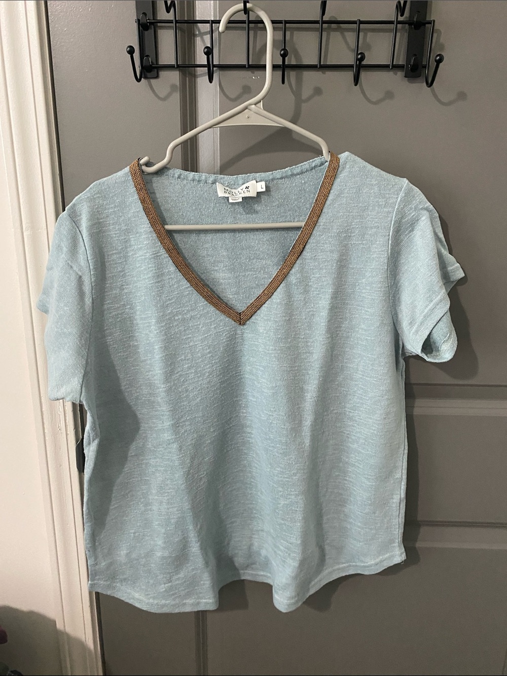 Molly Bracken Light Blue V-Neck Tee with Gold Trim